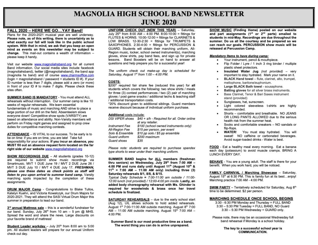 Best Mail Order Mattress 2021 June Newsletter 2020 – Magnolia HS Band